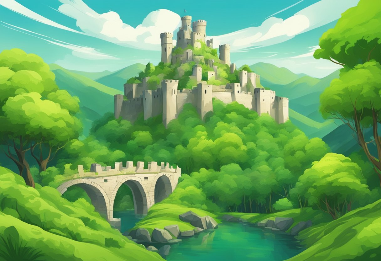 A vibrant green landscape with a castle in ruins, surrounded by a sense of both triumph and tragedy