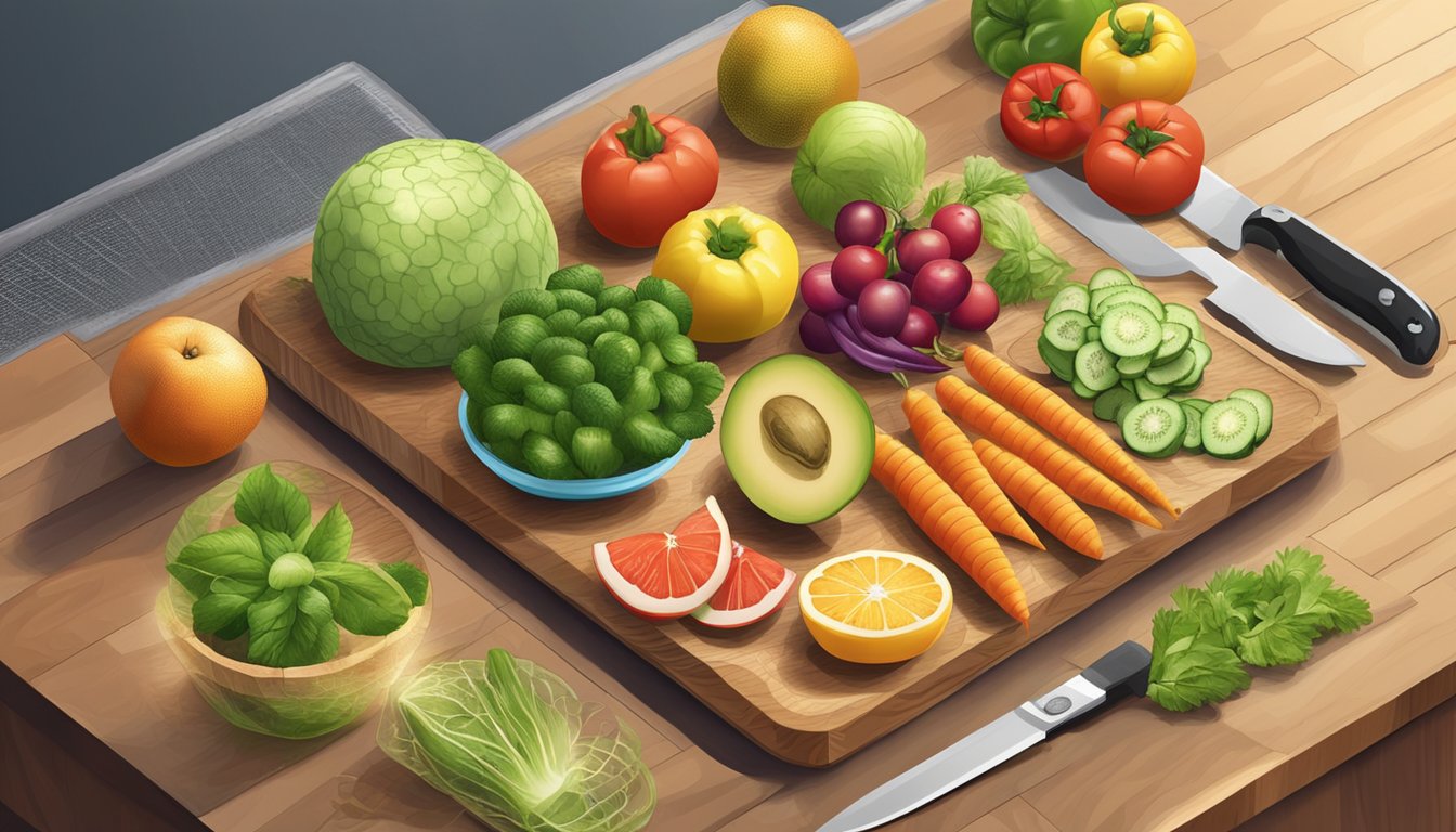 Fresh fruits and vegetables laid out on a wooden cutting board, surrounded by a dehydrator, mesh trays, and a knife