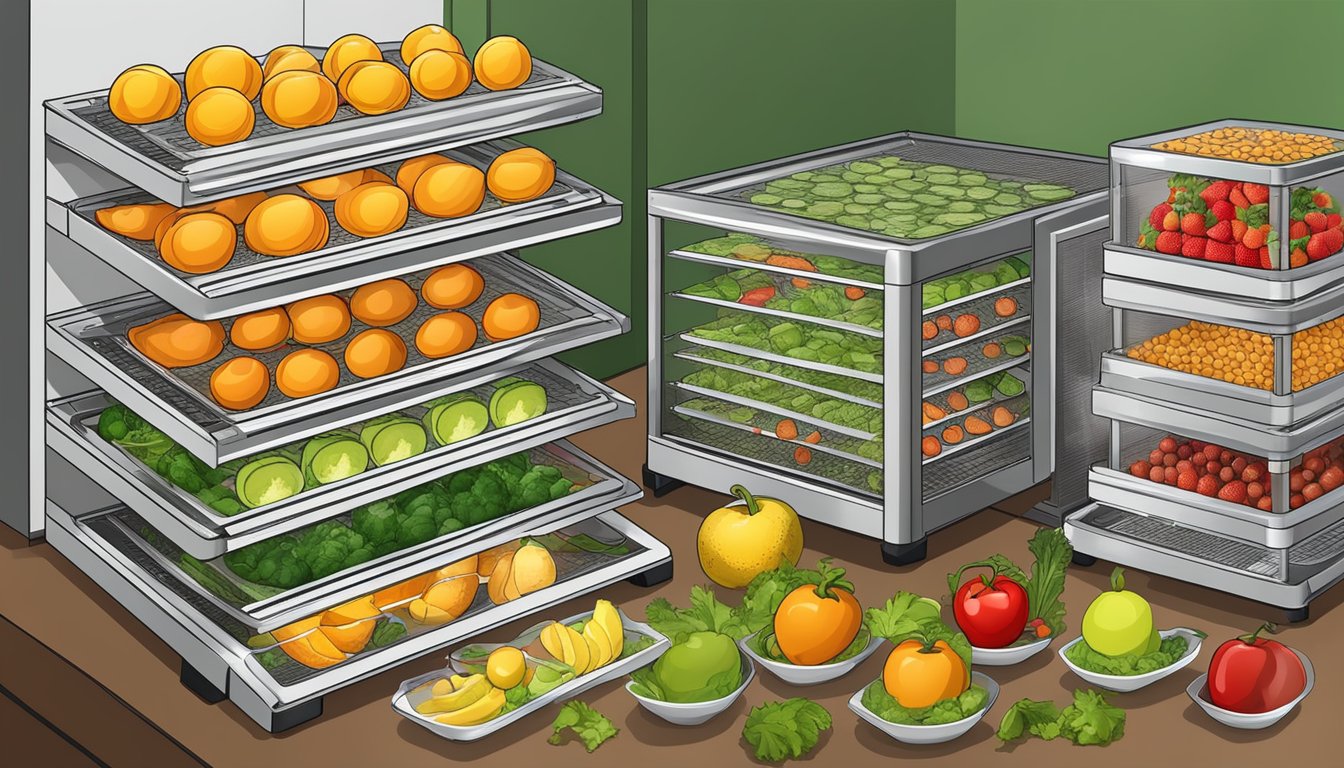 Fresh fruits and vegetables arranged on dehydrator trays, with temperature control set to the recommended level for food dehydration