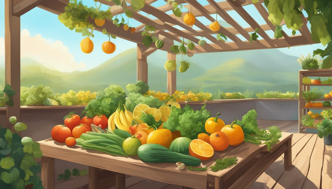 Fresh fruits and vegetables spread out in the sun on a wooden drying rack, surrounded by herbs and flowers. A gentle breeze blows through the scene