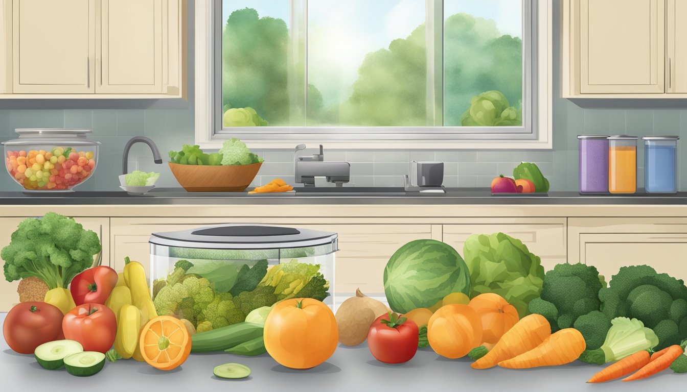 A kitchen counter with various fruits and vegetables laid out, a dehydrator set to the appropriate temperature in the background