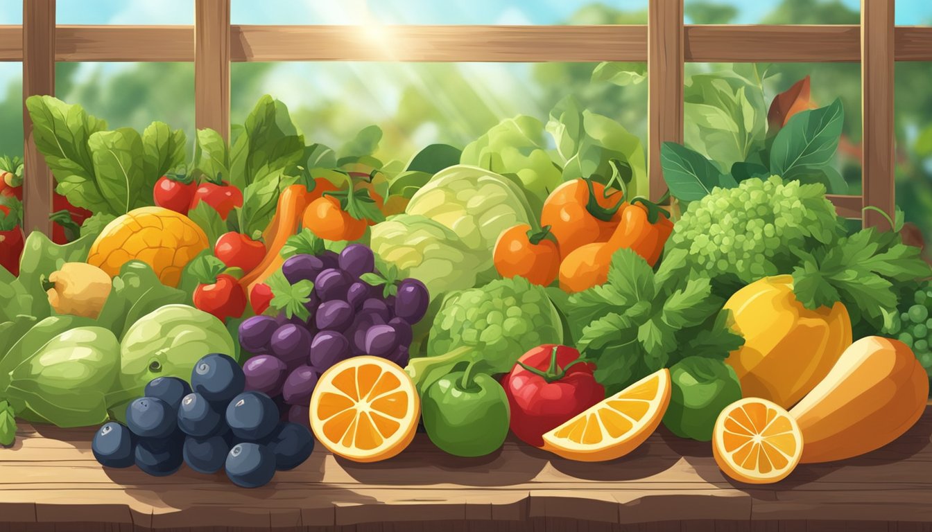 Fresh fruits and vegetables laid out in the sun on a wooden drying rack, surrounded by herbs and spices. A gentle breeze blows through the scene