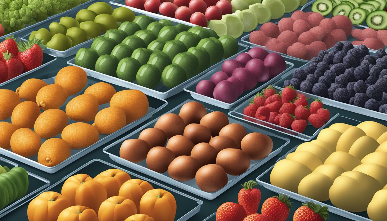 Assorted fruits and vegetables laid out on dehydrator trays, set at various temperatures for optimal dehydration