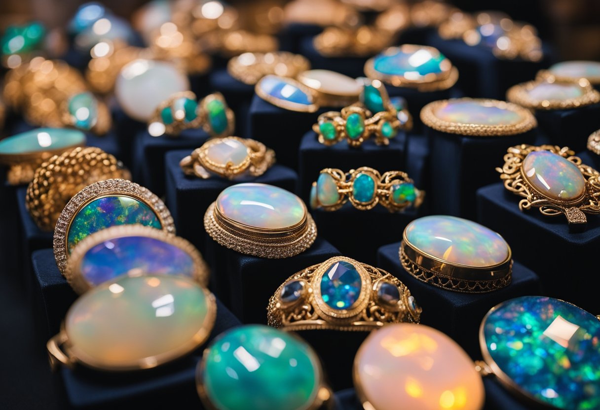 A display of opal jewelry in a vibrant souvenir shop in Brisbane, showcasing the top 10 souvenirs