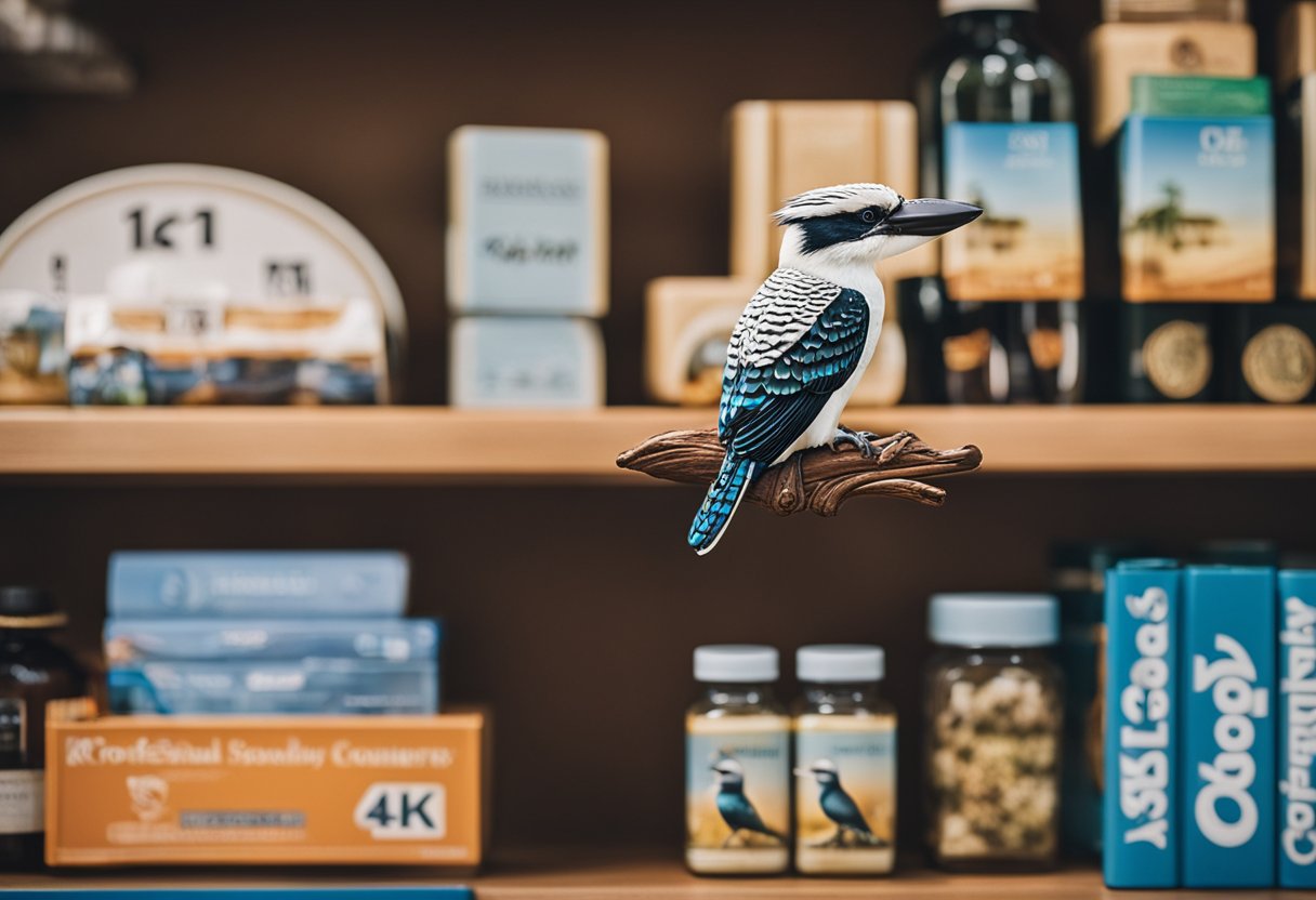 A kookaburra fridge magnet on a shelf with other Brisbane souvenirs