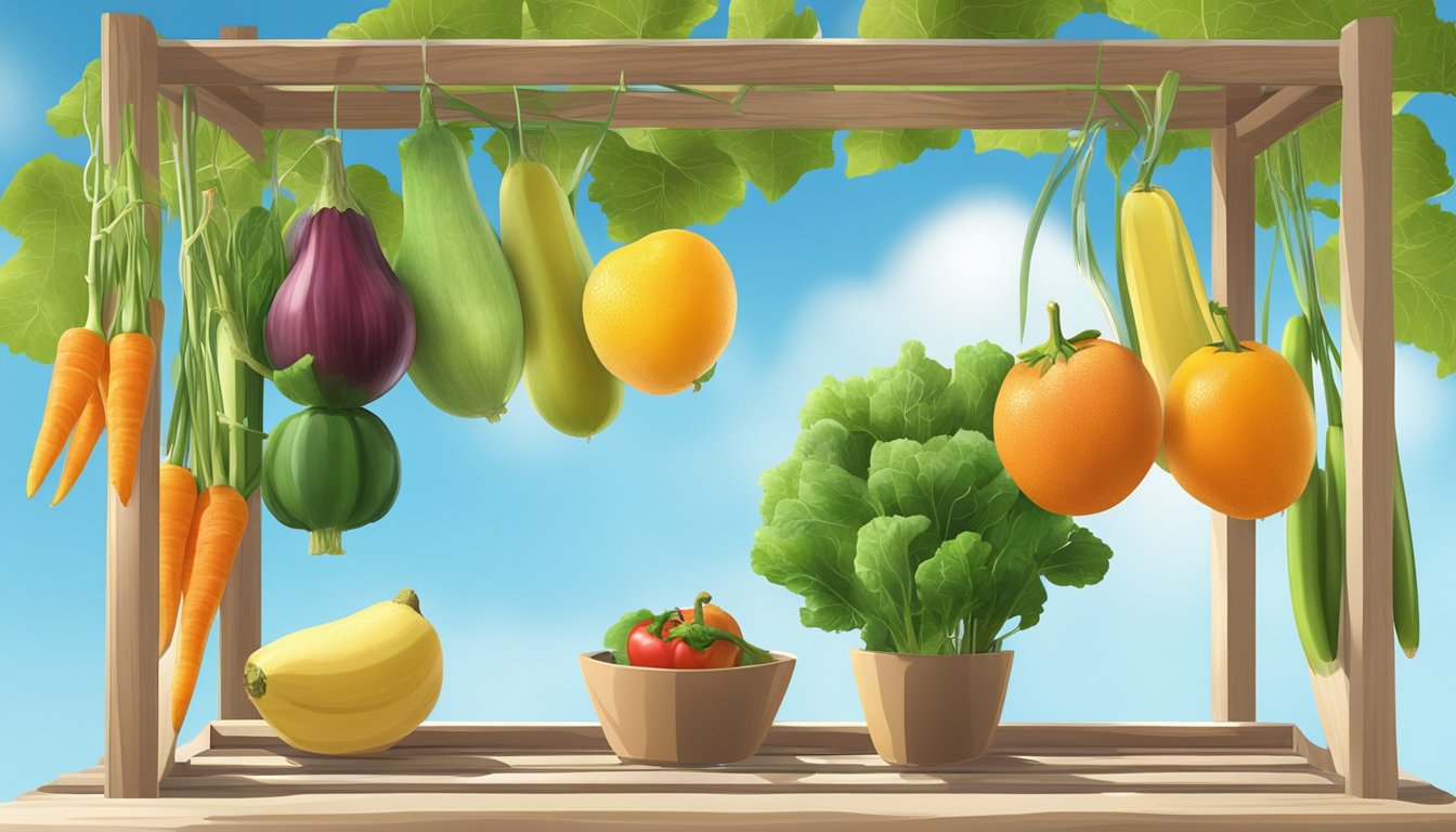 Fresh fruits and vegetables laid out in the sun on a wooden drying rack, with a gentle breeze and clear blue sky in the background