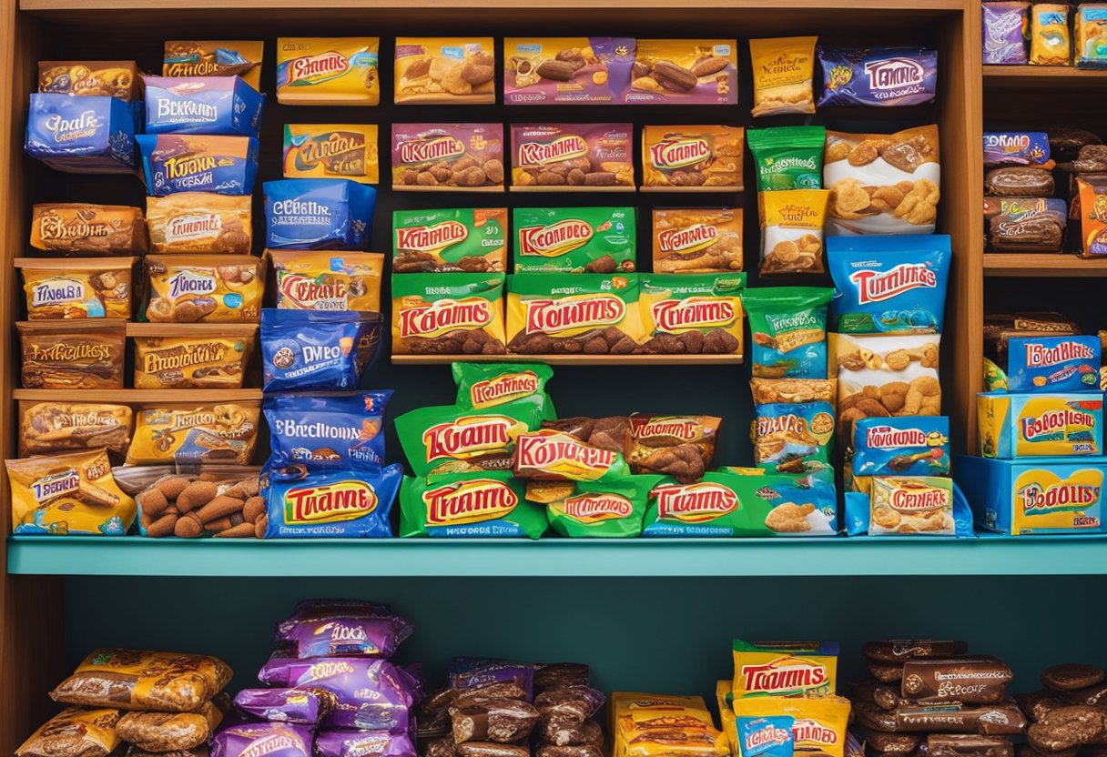 A colorful display of Brisbane souvenirs including Tim Tams, koala plush toys, boomerangs, and other Australian-themed gifts