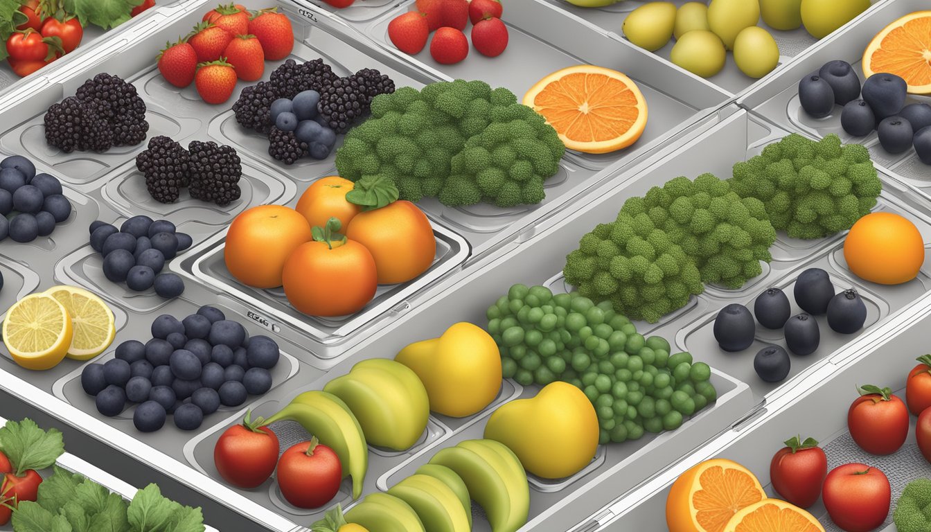 Assorted fruits and vegetables arranged on dehydrator trays, with temperature settings displayed