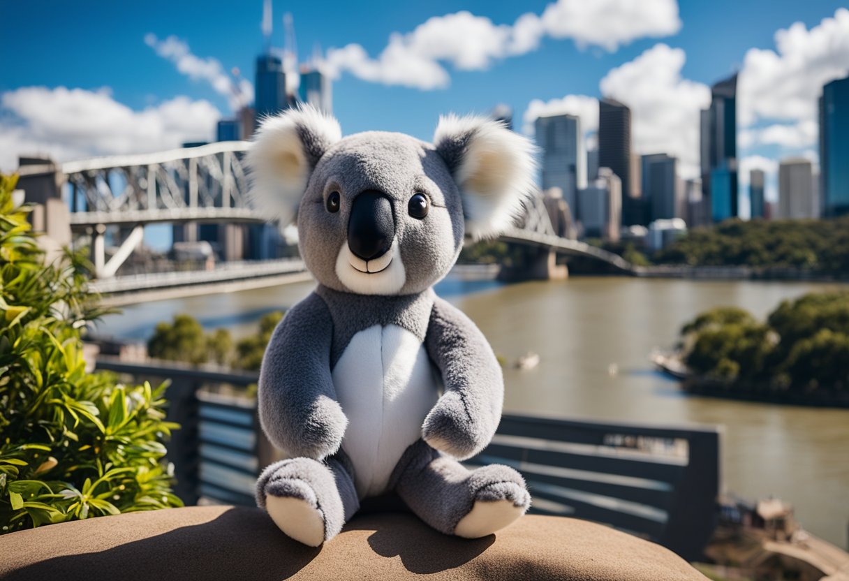 A koala plush toy surrounded by iconic Brisbane landmarks and symbols, such as the Story Bridge and the Brisbane River