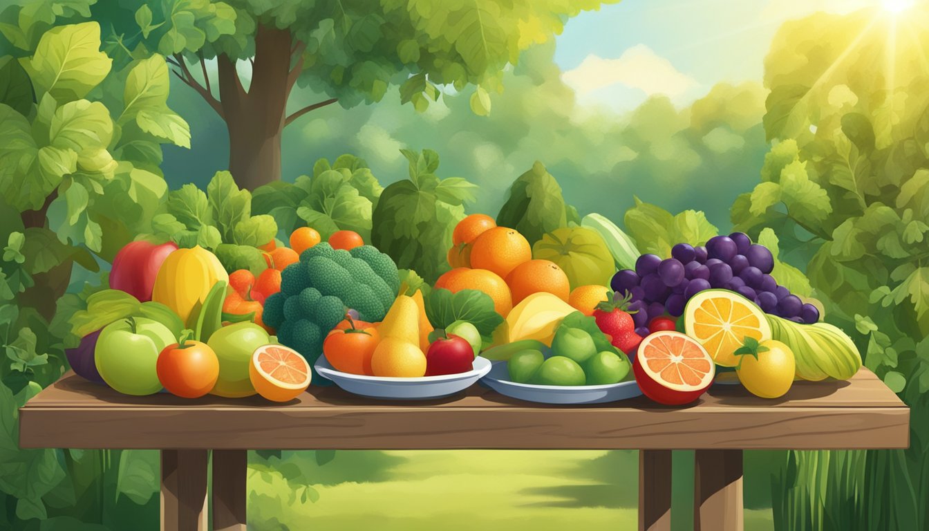 Assorted fruits and vegetables arranged on trays under the sun, surrounded by a natural setting with trees and plants