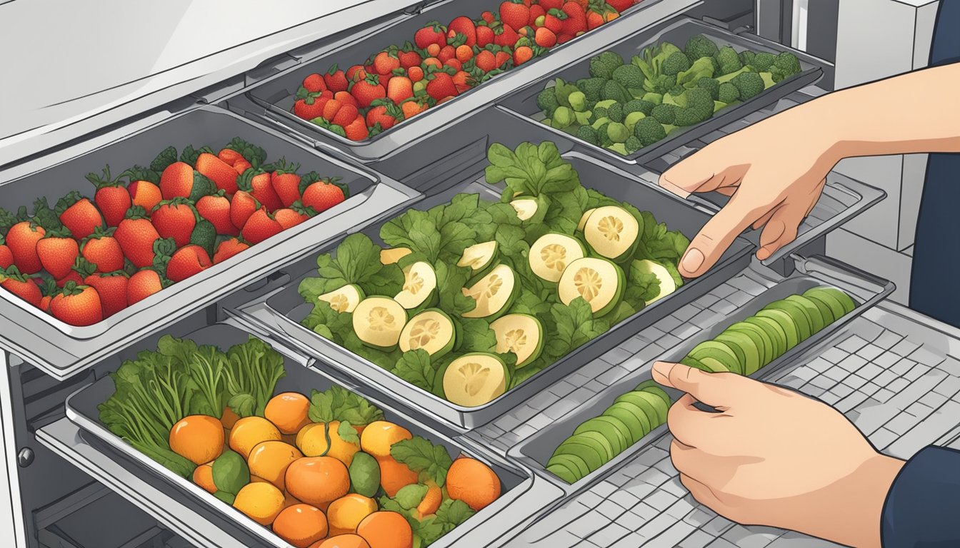 A person placing various fruits and vegetables onto dehydrator trays, adjusting the temperature settings before starting the dehydration process