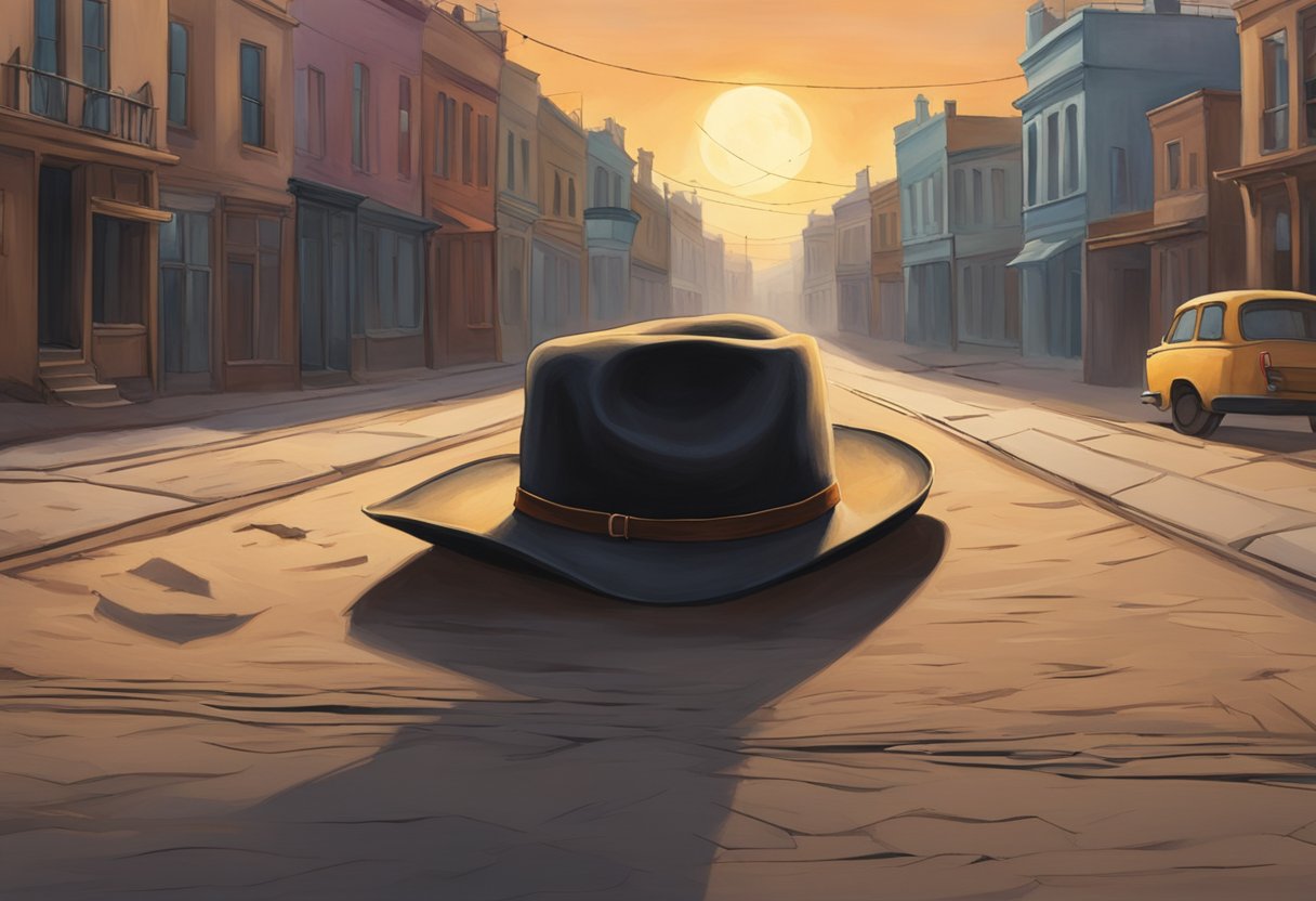 Chester's hat lies abandoned in the dusty street, a lone figure rides off into the sunset