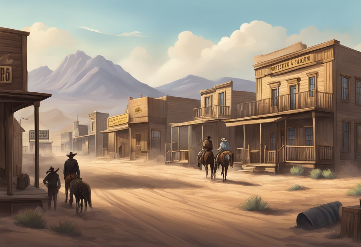 A dusty western town with a saloon and sheriff's office