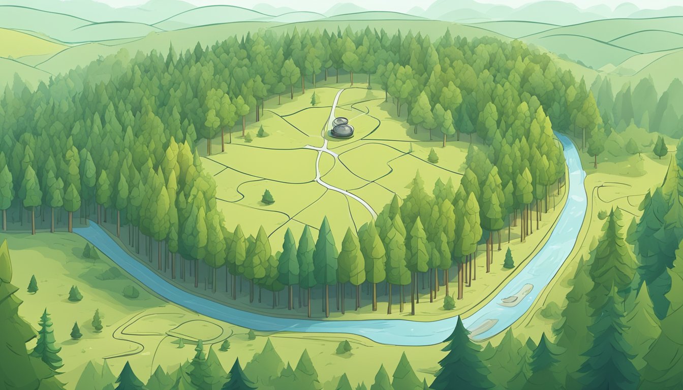 A forest clearing with a map and compass on the ground, surrounded by trees and a trail disappearing into the distance