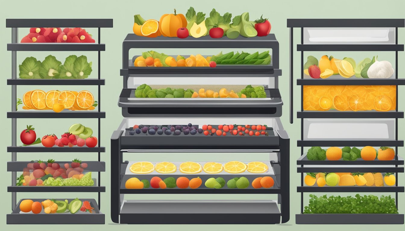 A food dehydrator set to a specific temperature with various fruits and vegetables arranged on the trays