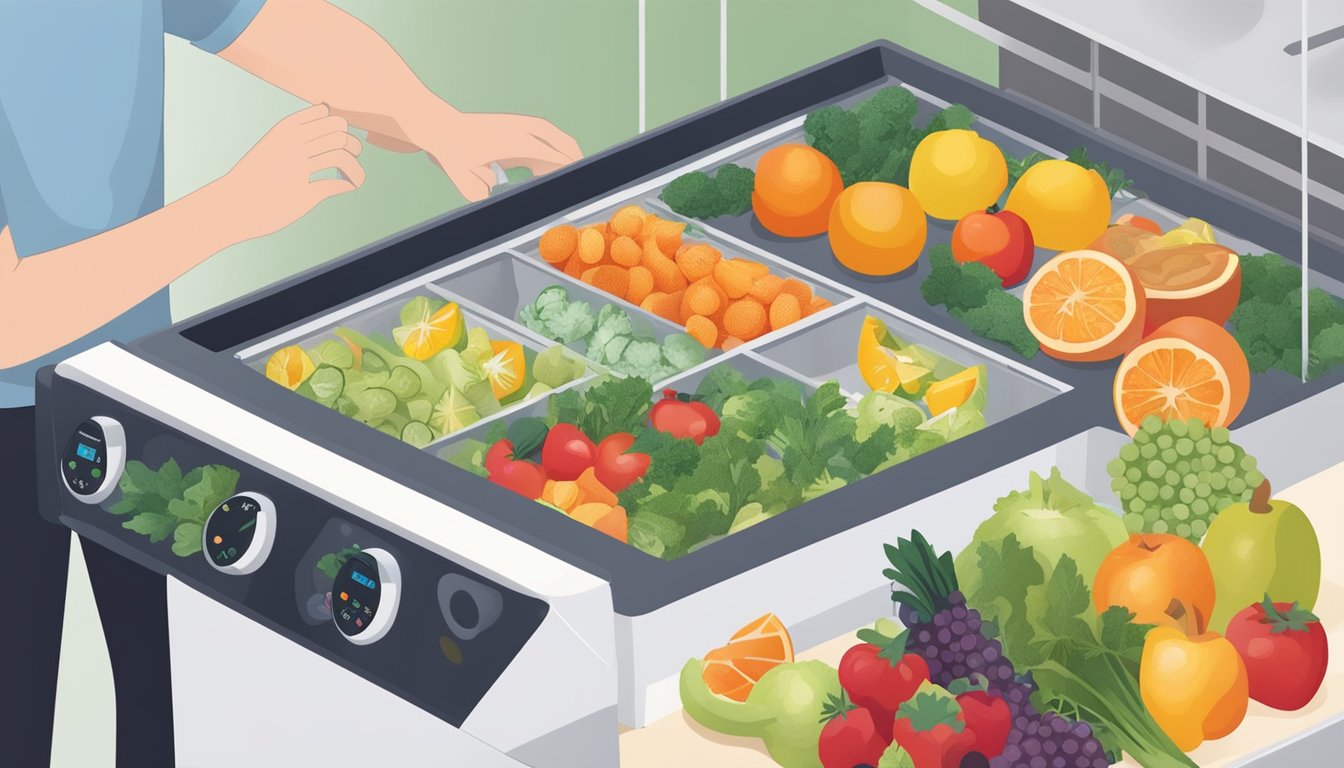 A person setting the temperature on a dehydrator, surrounded by various fruits and vegetables ready for dehydration