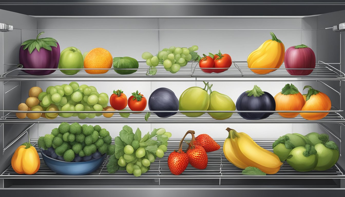 Assorted fruits and vegetables arranged on wire racks inside a warm oven