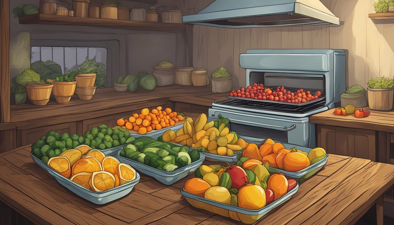 A colorful array of dehydrated fruits and vegetables arranged on a rustic wooden table, with an oven in the background