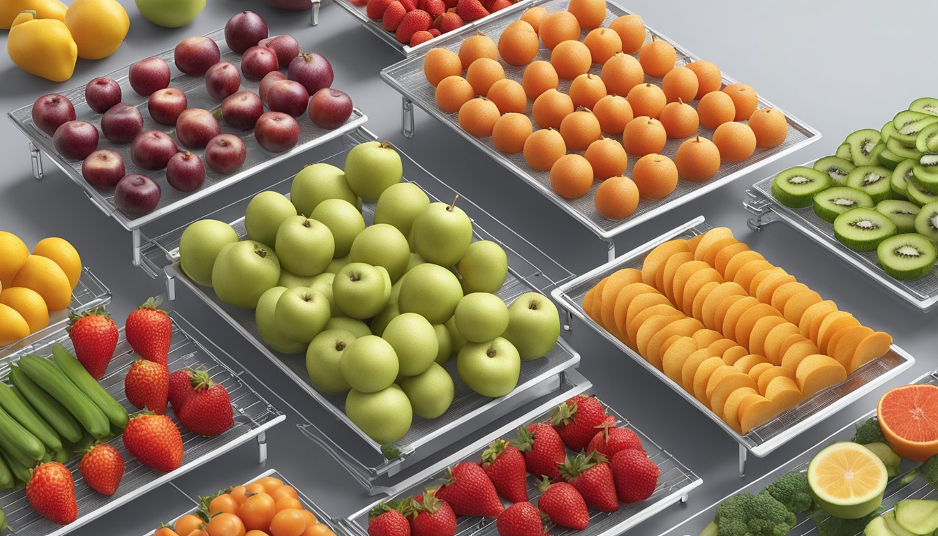 Assorted fruits and vegetables laid out on dehydrator trays, set at 135°F