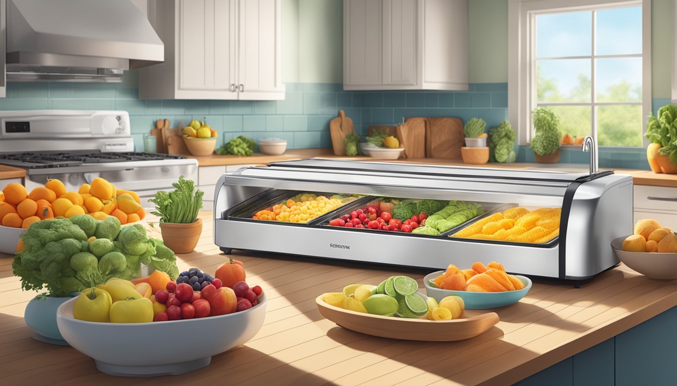 A bright, sunlit kitchen with a countertop dehydrator set to 135°F, surrounded by bowls of colorful fruits and vegetables