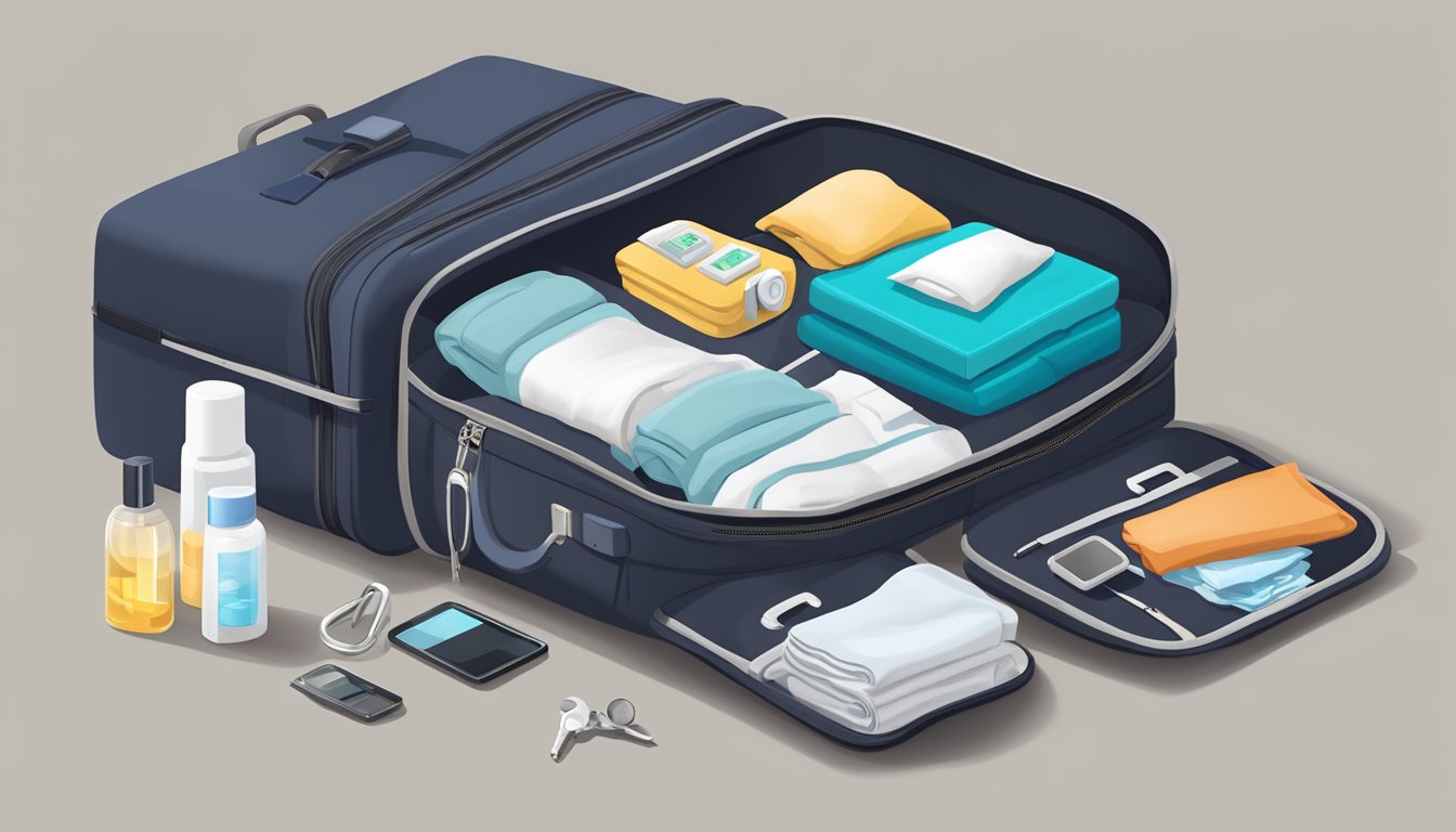 A suitcase filled with neatly folded clothes, travel-sized toiletries, and carefully packed electronic devices. A lock secures the zipper, and a first aid kit is nestled in the corner