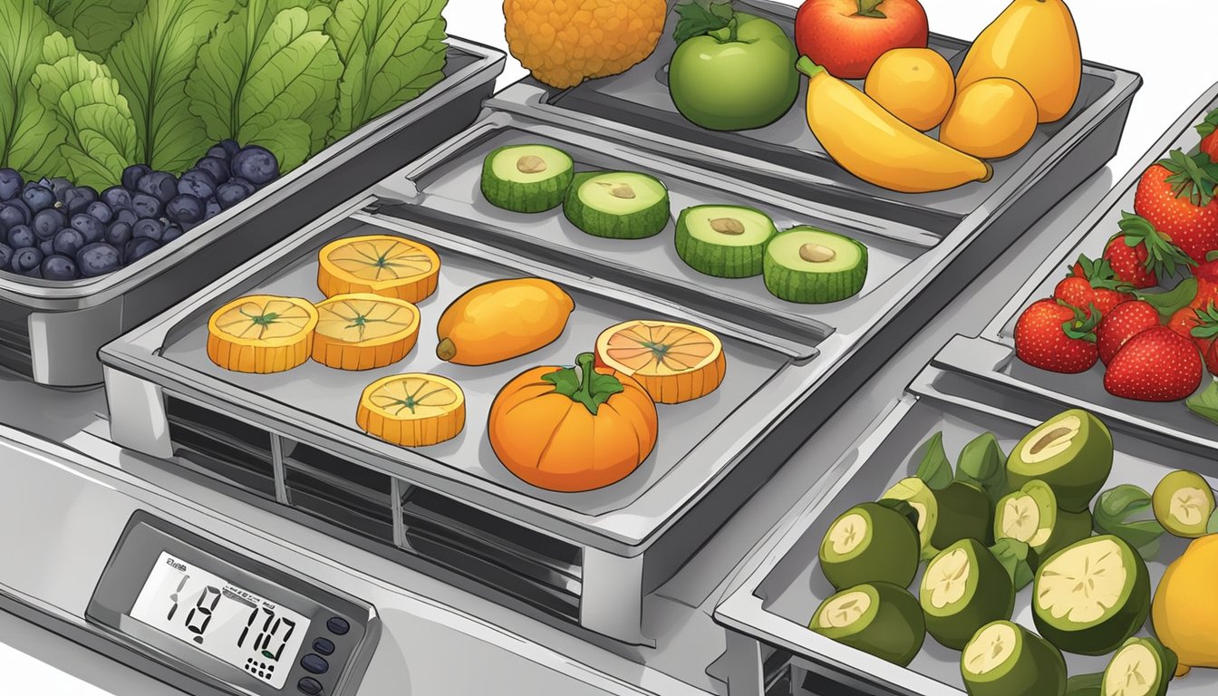 Assorted fruits and vegetables laid out on dehydrator trays, with the temperature dial set to the recommended level for dehydrating