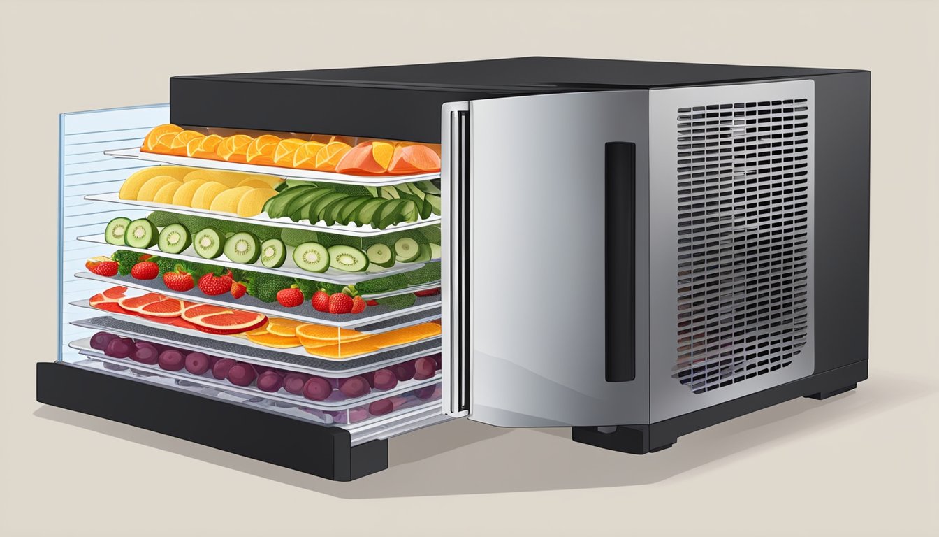 A food dehydrator set to 140°F with trays of sliced fruits and vegetables