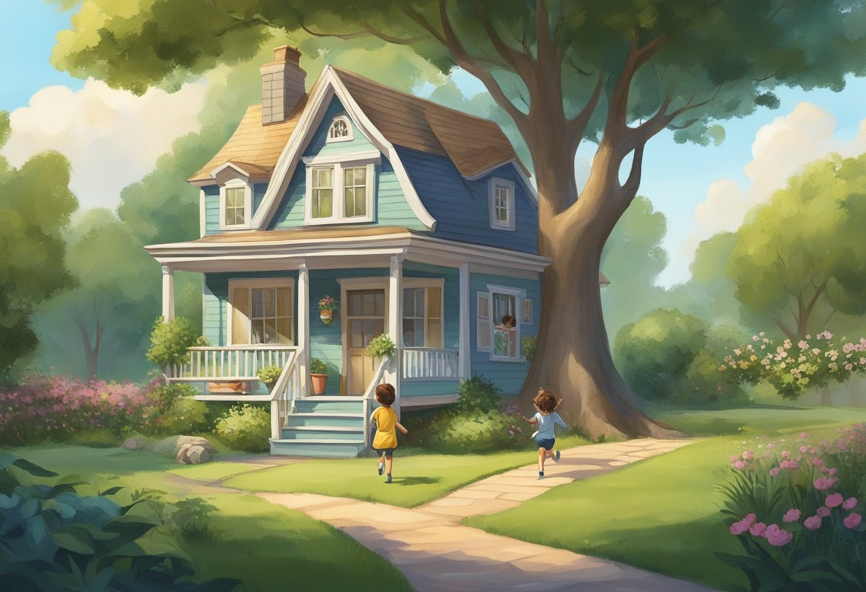 A small, quaint house surrounded by lush greenery, with a swing hanging from a sturdy tree in the front yard. A young girl runs through the grass, laughing and playing with a group of friends