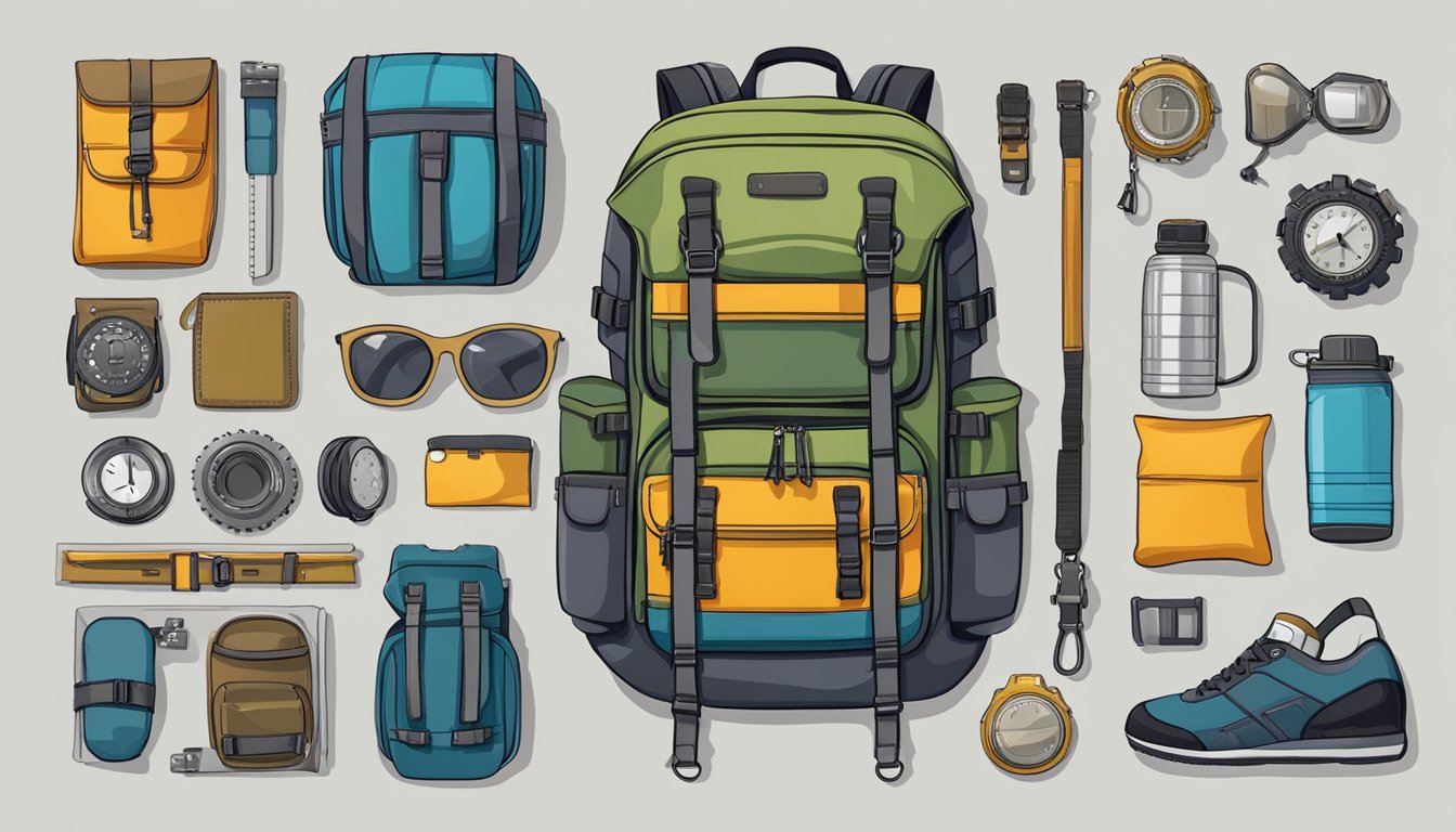 A neatly organized backpack with various gear and equipment arranged in compartments and pockets, ready for adventure