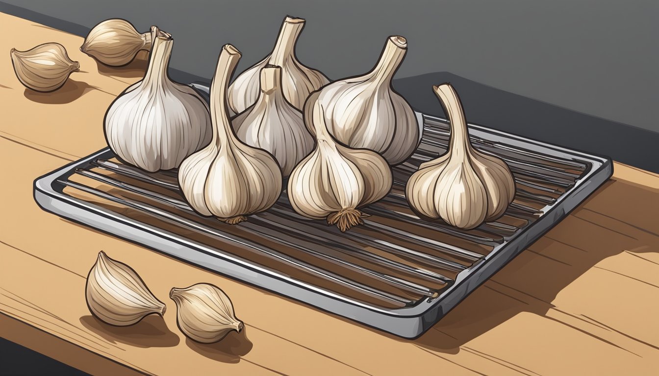 Fresh garlic bulbs laid out on a clean, dry surface, with a sharp knife and cutting board nearby. A mesh drying rack and a well-ventilated area for air-drying