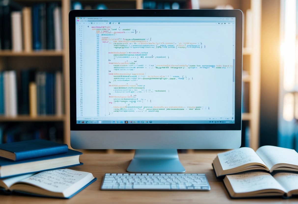 A computer screen displaying code with various Java concepts, surrounded by open books and a notebook with handwritten notes