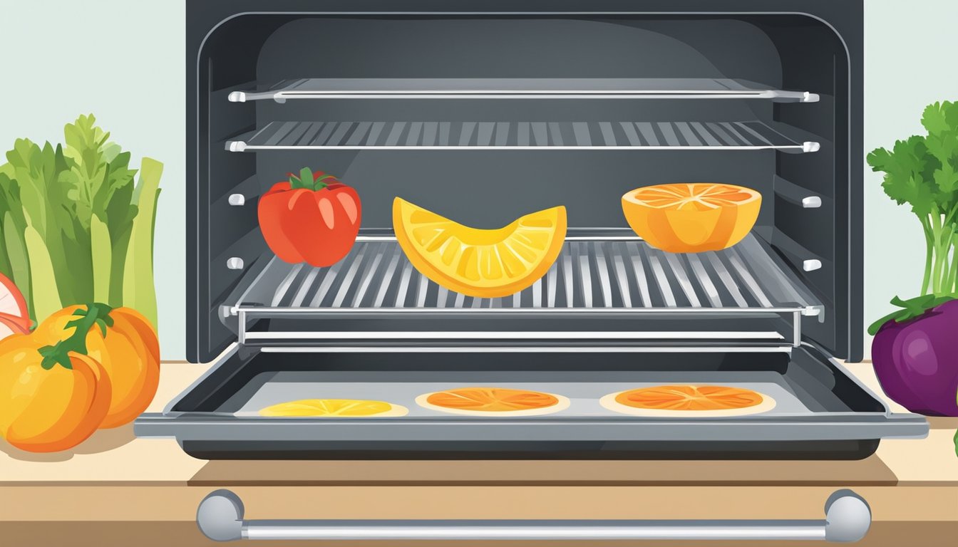 A baking sheet with sliced fruits and vegetables inside an open oven. A thermometer gauge shows the temperature set for dehydrating