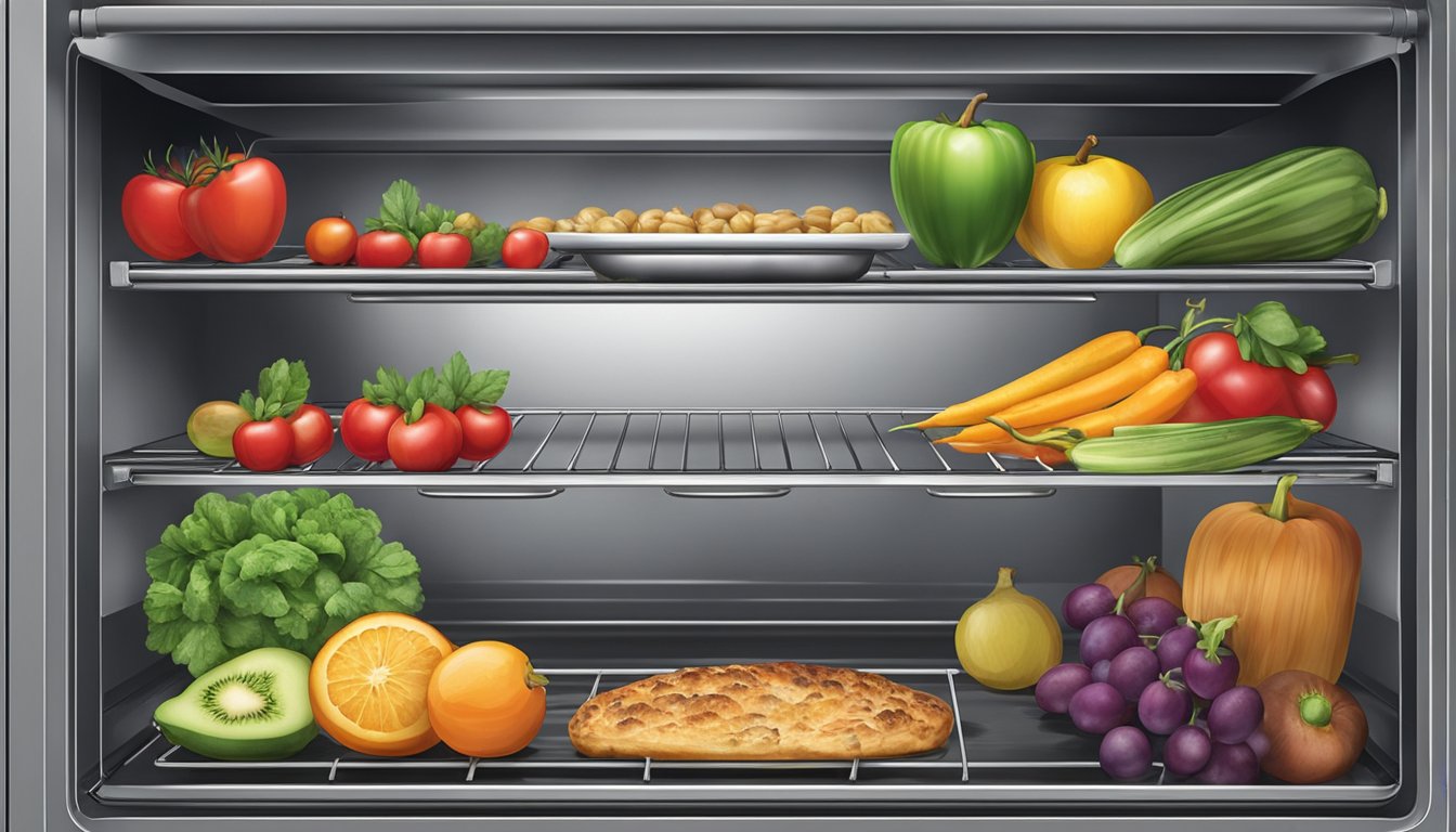 Assorted fruits and vegetables laid out on baking sheets, with the oven door open and heat emanating from within