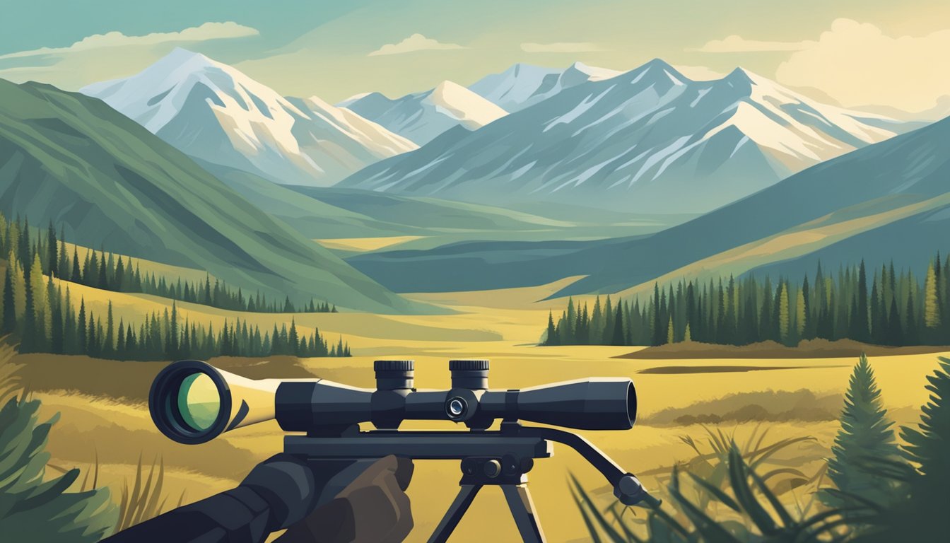 A hunter's eye peers through a scope, measuring the distance to a target in the wilderness. A rifle and binoculars lie nearby