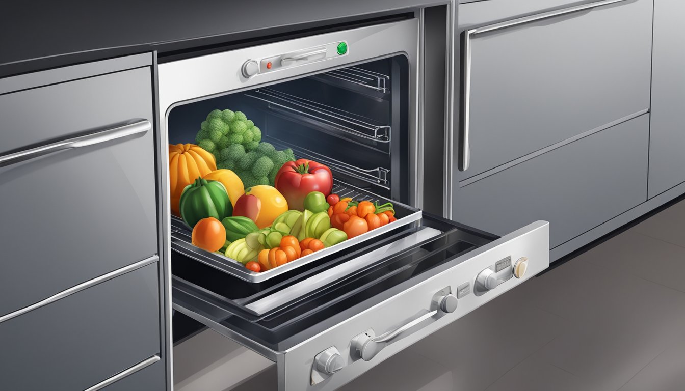 Assorted fruits and vegetables laid out on baking sheets in an oven, with the door slightly ajar and heat emanating from within