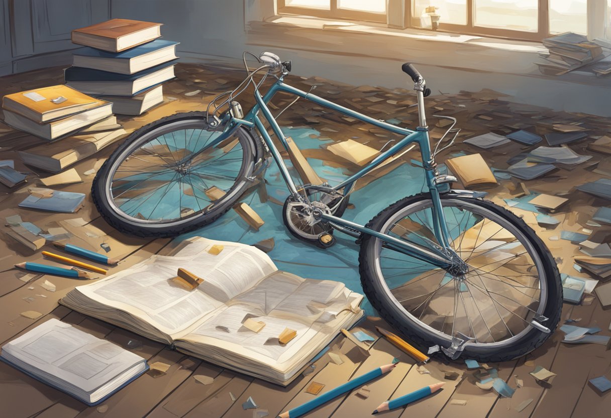 Jidion's abandoned, overturned bicycle lies in a puddle, surrounded by scattered school books and a broken pencil