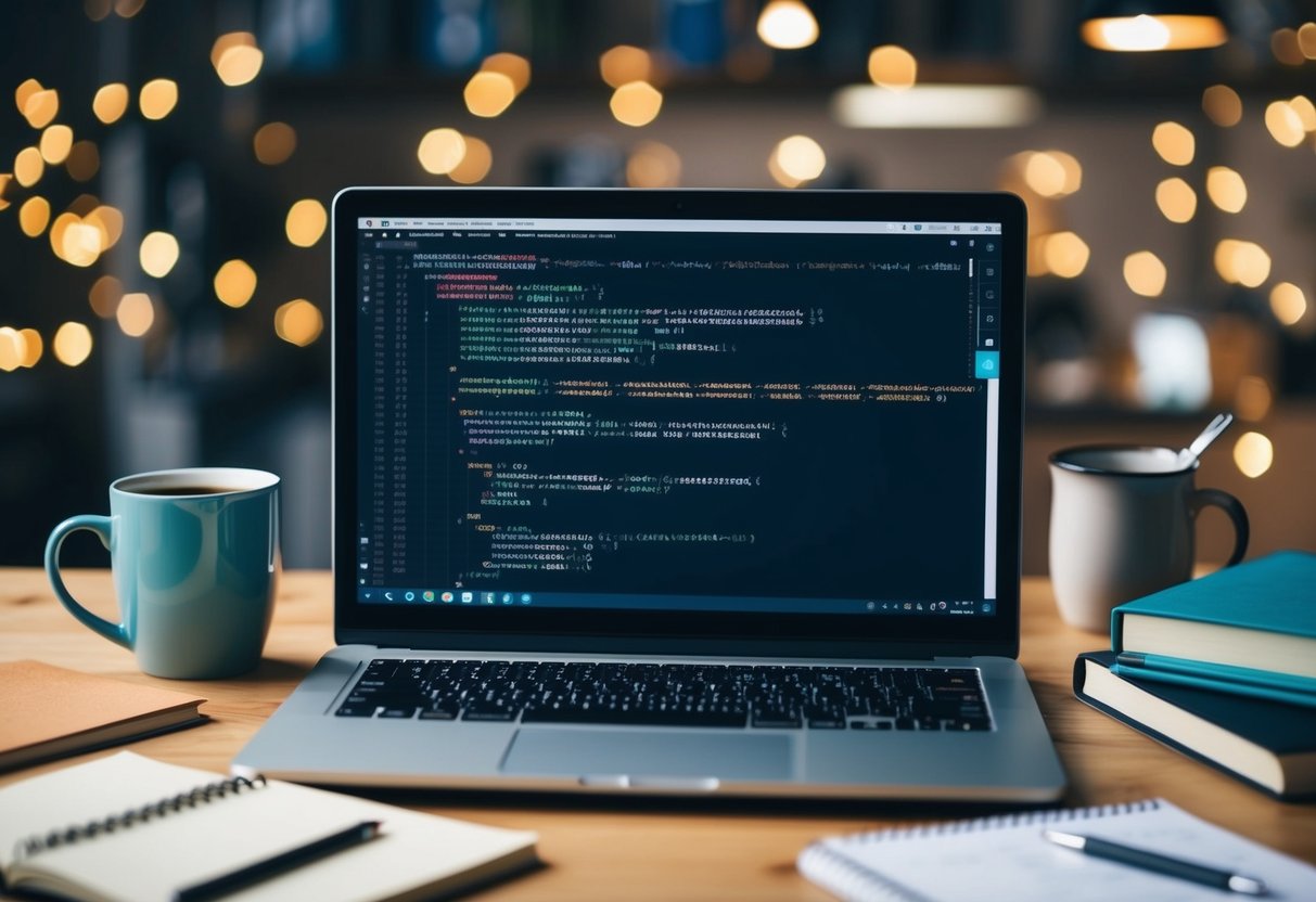 A laptop displaying Java code, surrounded by coffee mug, notepad, and programming books