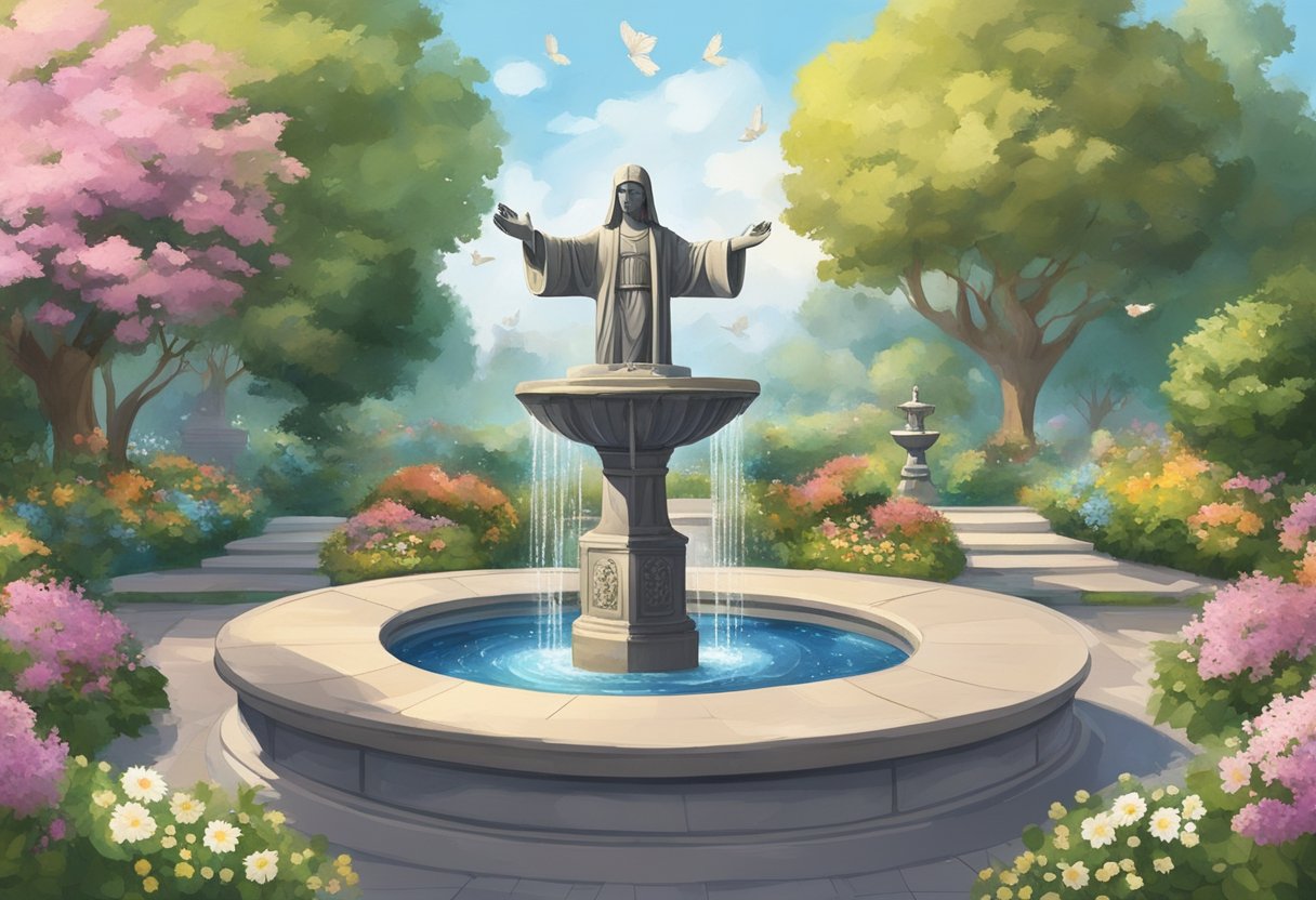 A serene garden with a fountain, blooming flowers, and a statue of a figure with outstretched arms, surrounded by symbols of faith and charity