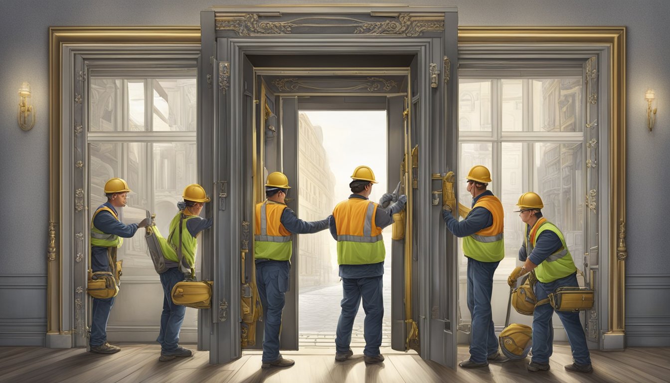 A team of workers carefully cradle a large, ornate frame, maneuvering it through a narrow doorway with precision and caution