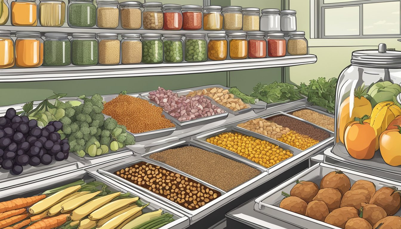 A variety of fruits, vegetables, and meats laid out on a dehydrator tray, surrounded by jars of dried food