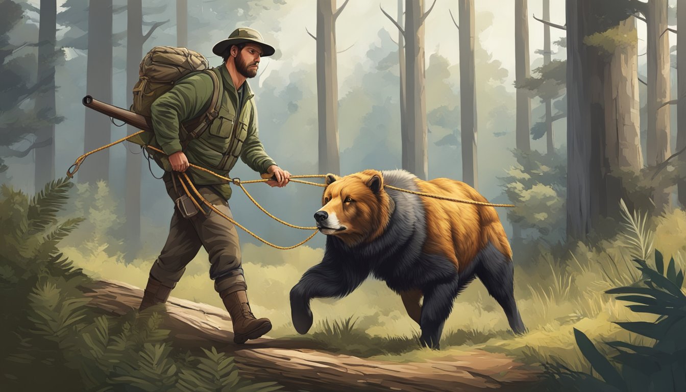 A hunter carefully drags a large game animal through a forest, using a sturdy rope and harness to transport it safely