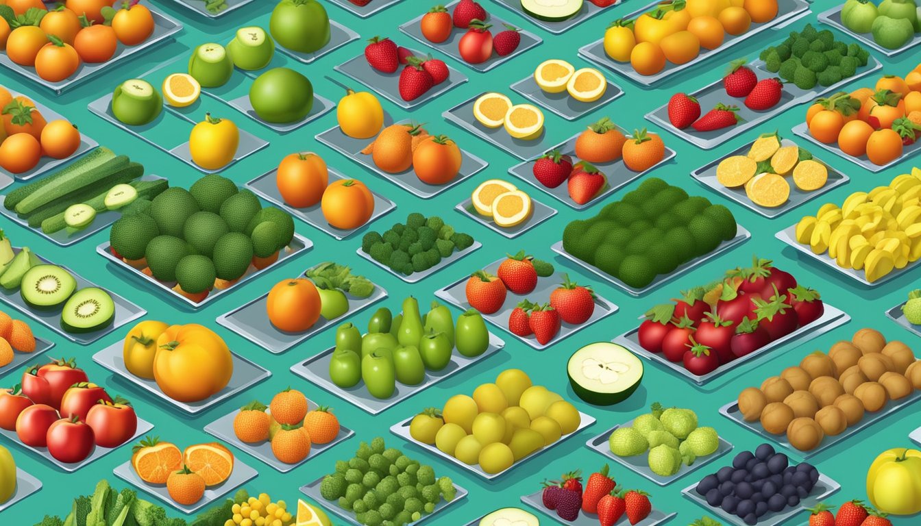 Fresh fruits and vegetables laid out on dehydrator trays, with vibrant colors and a variety of shapes and sizes