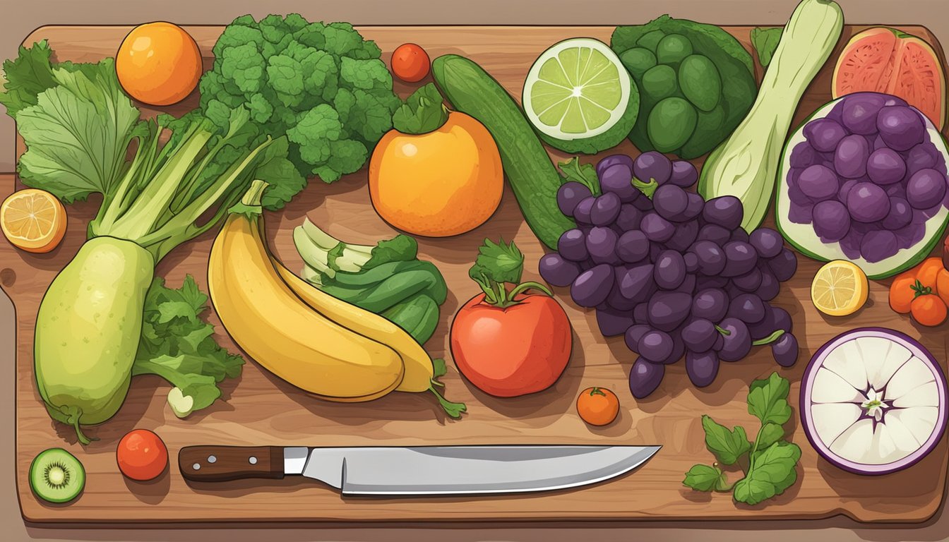 Fresh fruits and vegetables laid out on a cutting board with a knife, ready to be sliced and prepared for dehydration