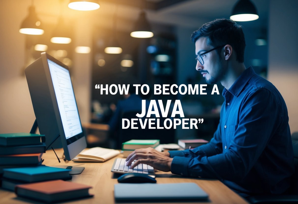 A person at a computer, searching "how to become a java developer" with various books and resources scattered around
