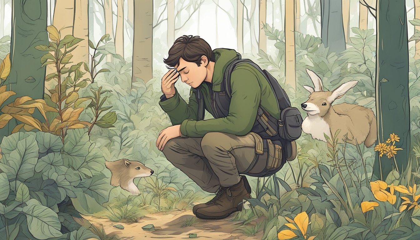 A hunter crouches in a forest, eyes closed, inhaling deeply. Surrounding him are various plants, animals, and scents, as he focuses on developing his sense of smell for tracking