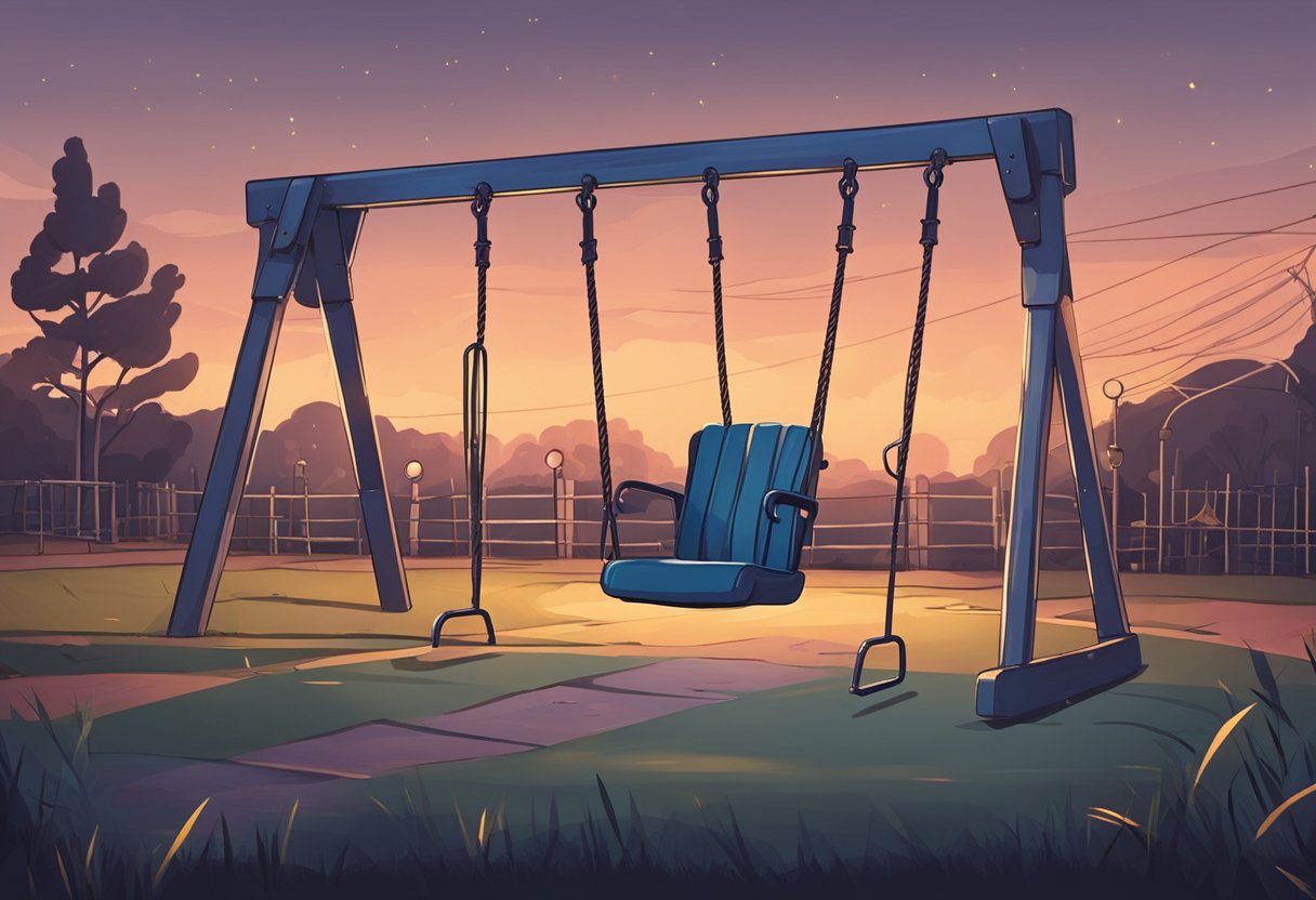 A deserted playground at dusk with an abandoned swing swaying gently in the breeze