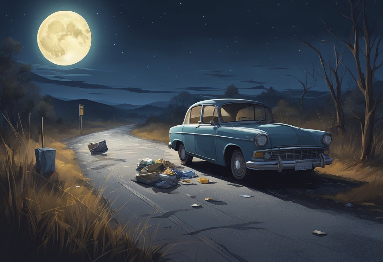 A deserted road at night, with a single abandoned car and scattered belongings. The moon casts an eerie glow on the scene