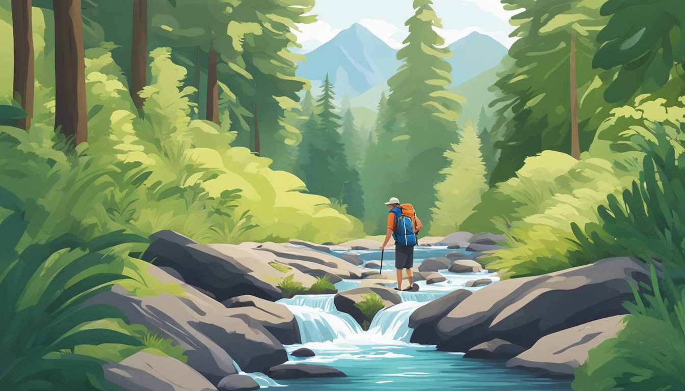 A backpacker filling a water bottle from a clear mountain stream, surrounded by lush greenery and towering trees