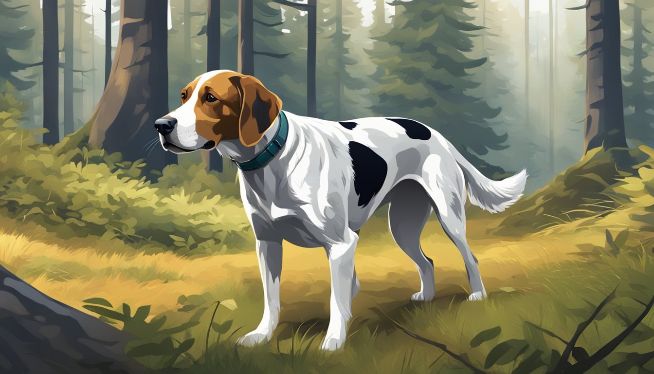 A hunting dog sniffs the ground, tracking a scent through a forest. Its ears are alert and its tail is held high as it follows the trail