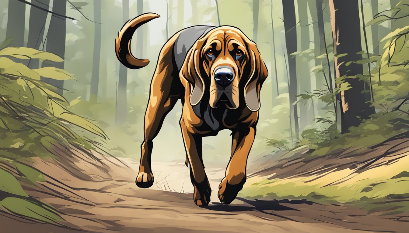 A bloodhound sniffs the ground, nose close to the earth, tracking a scent trail through a forest